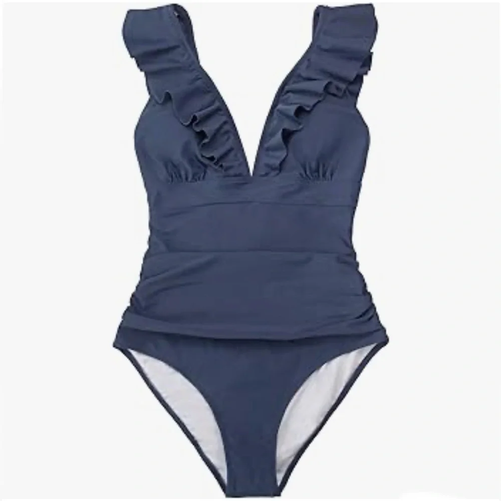 Cupshe Ruffled V-Neck & Lace-Up Back Swimsuit - Picture 1 of 14